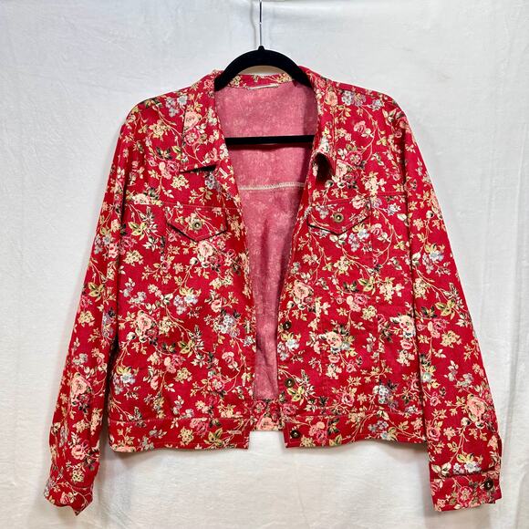 Retro Buttoned Red Floral Long Sleeve Jacket Blazer Medium‎ Printed Boho Cottage - Picture 1 of 12